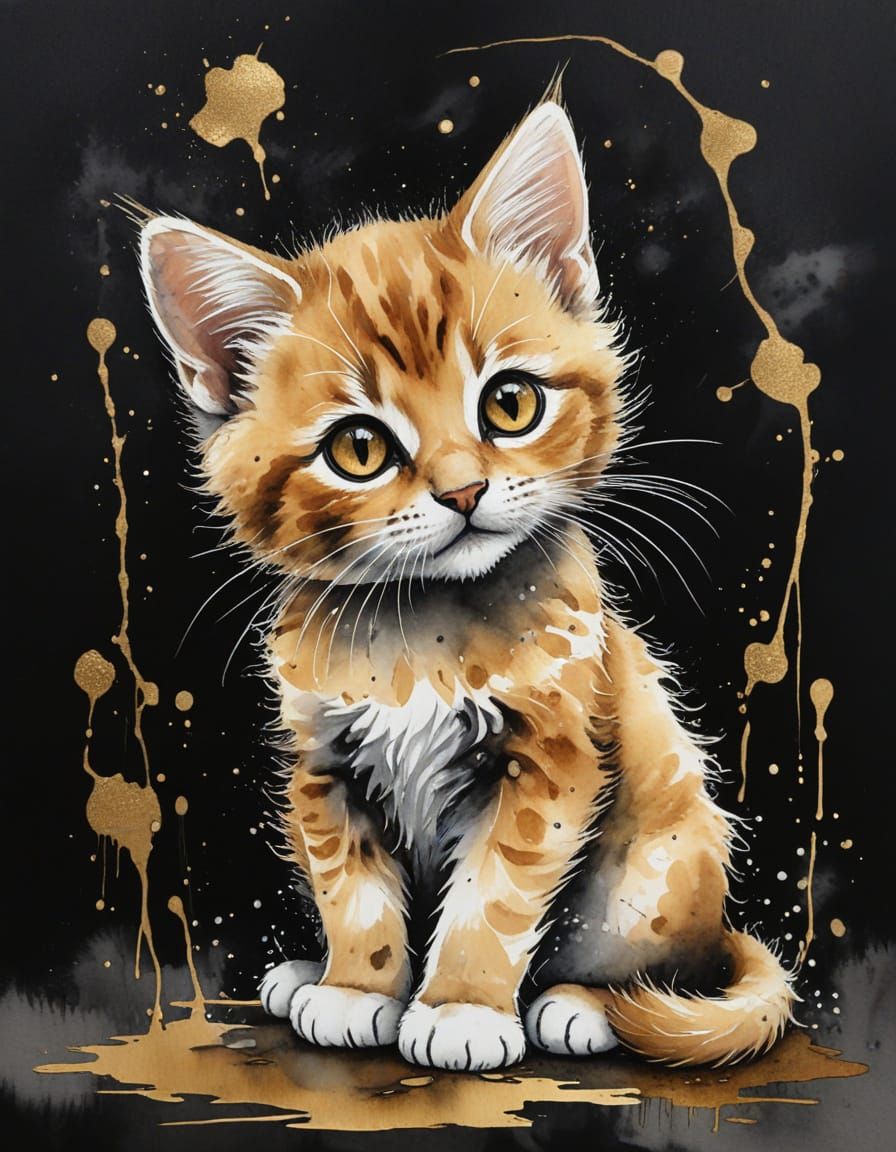 Playful Kitten in Watercolor and Ink