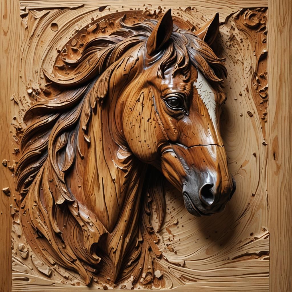 Hyperrealistic Wood Carving: Horse Head in Vivid Detail