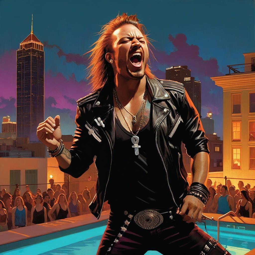 Rocker at rooftop pool party