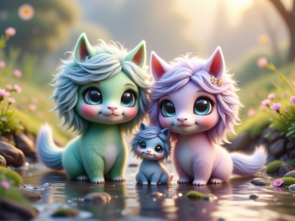 Pastel Horse-like Creatures in Dreamy Creek