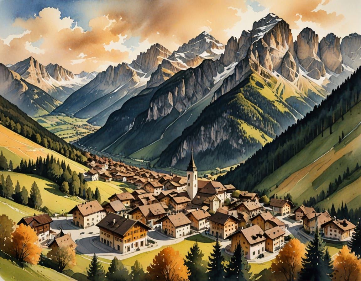 Ink Drawing of Alpine Village in Dolomites