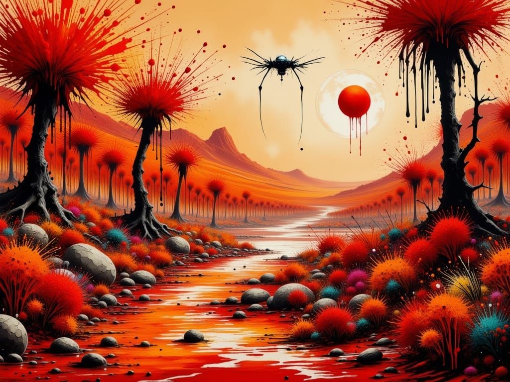 Alien Valley on Mars with Splashy Flora