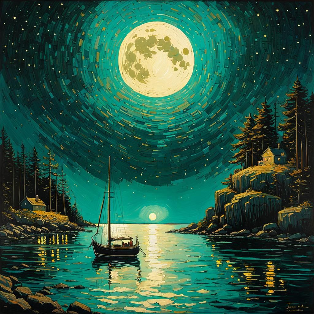 Luminous Cove at Night in Impasto Style