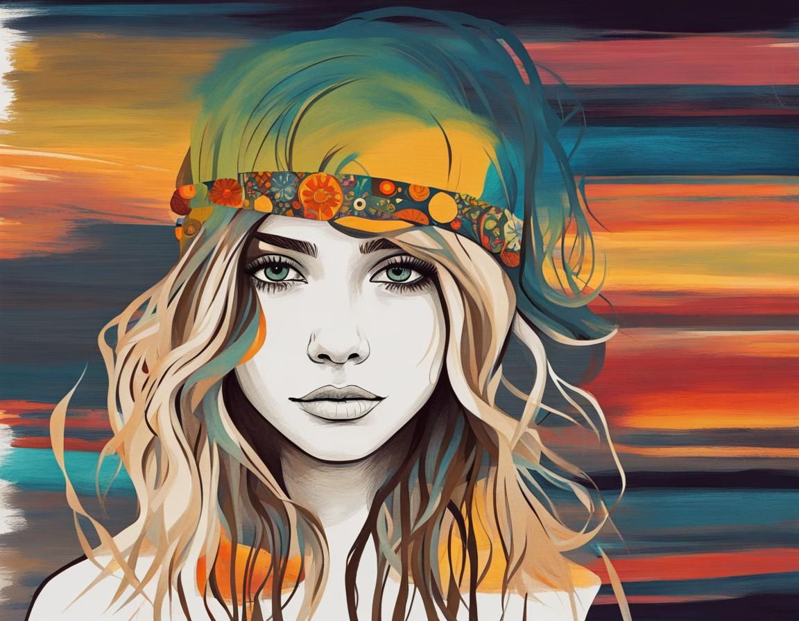 Abstract drawing of a hippie girl with dark hair and blonde highlights