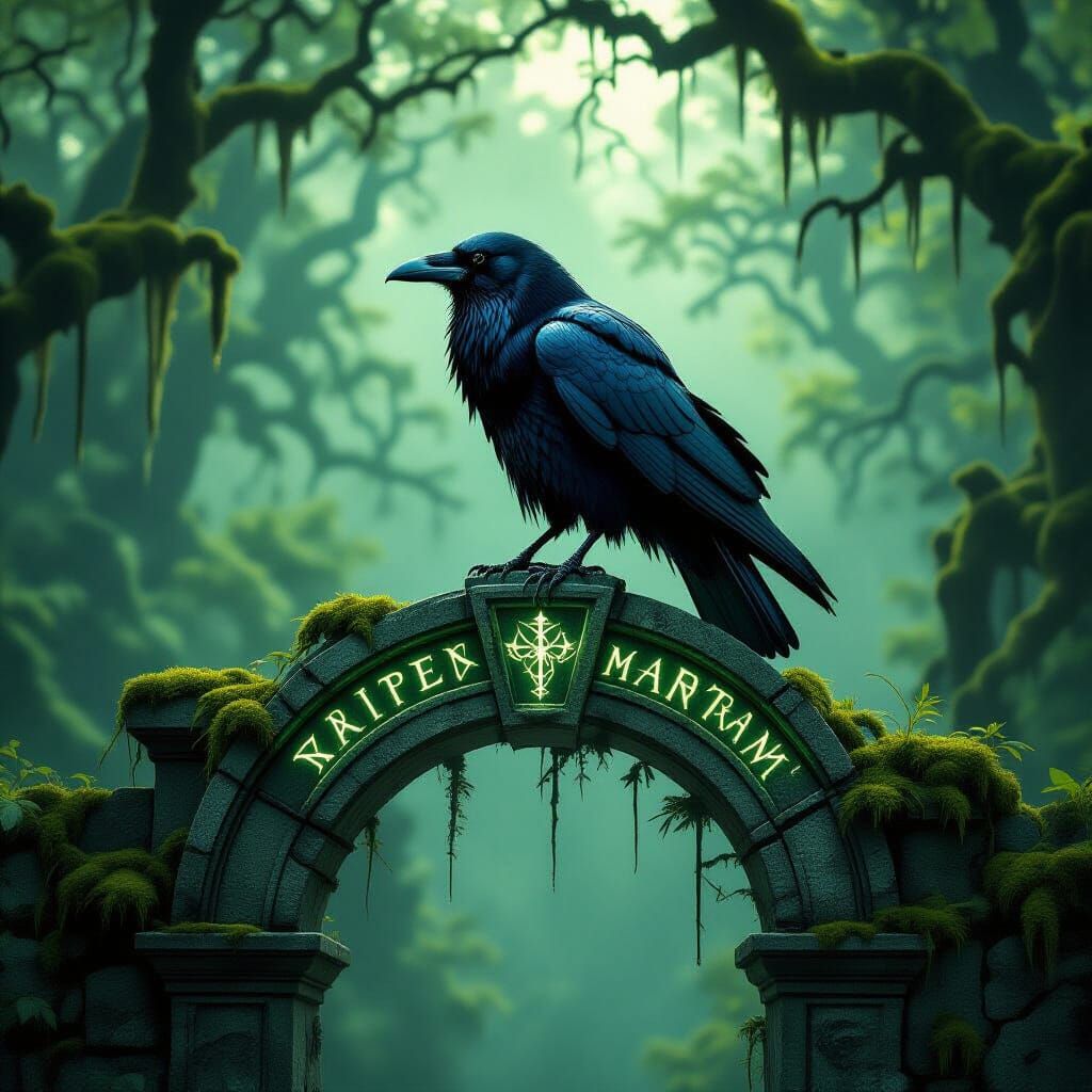 Mystical Raven in Ancient Forest: Gothic Romanticism