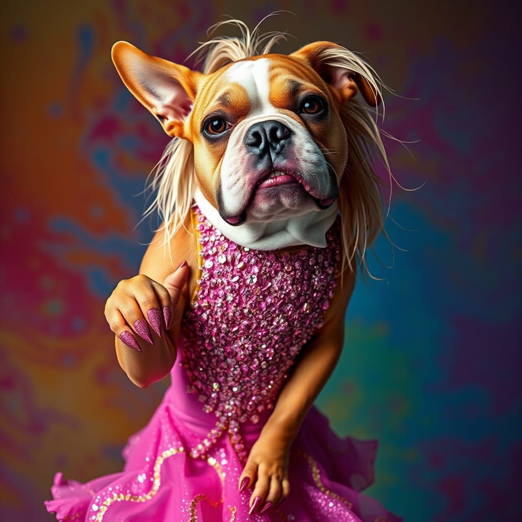 Glamorous American Bulldog in Metallic Pink Flamenco Dress