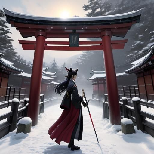 Anime Cat Woman at Snowy Japanese Shrine