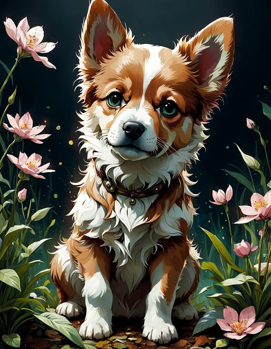 Adorable Kokoni Puppy in Floral Spring, Digital Art
