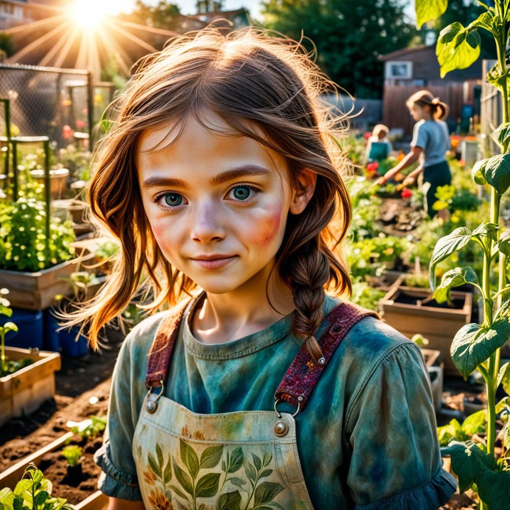 Little Gardener in a Sunlit Urban Garden