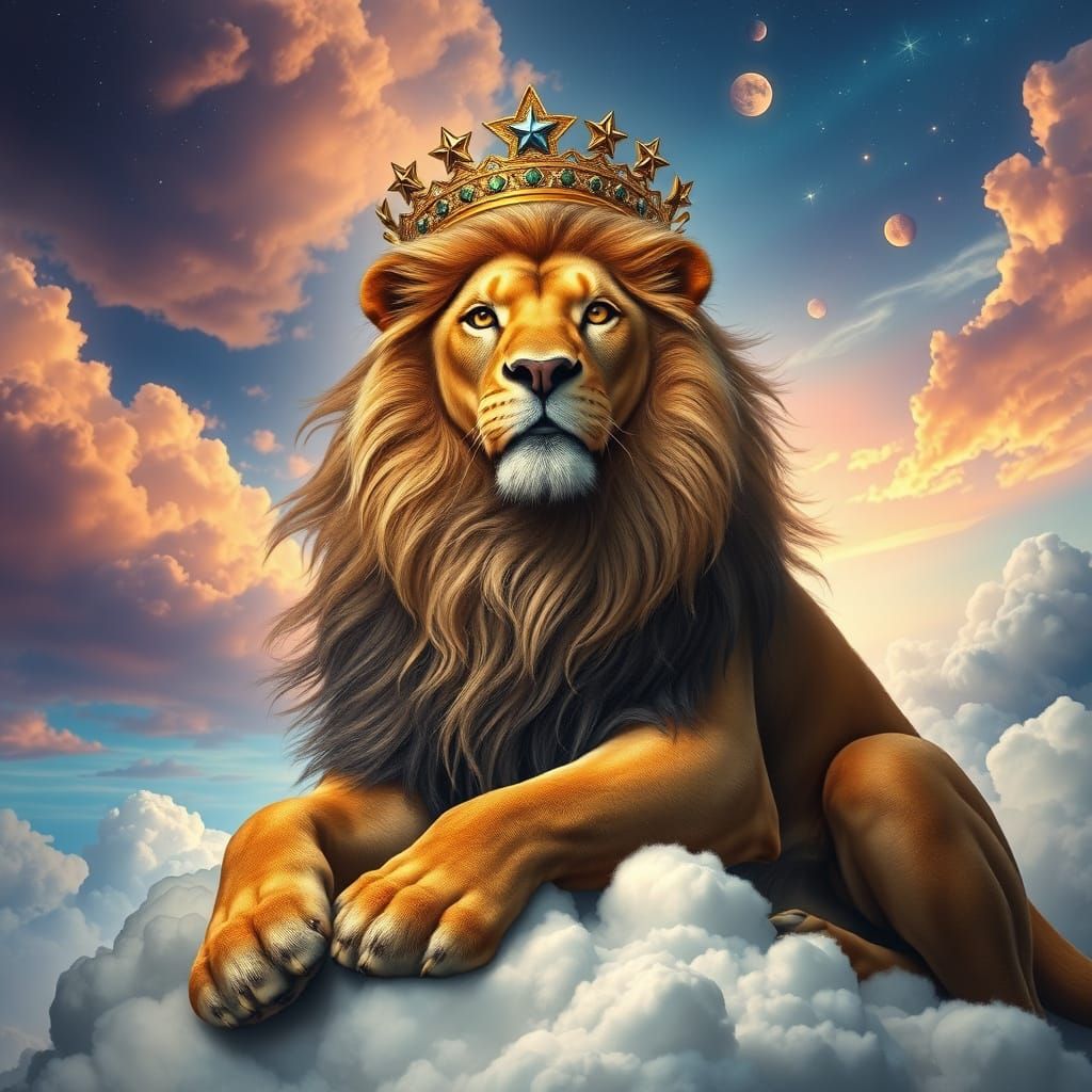 Crowned Lion on Cloud Throne: Hyperrealistic Dreamscape