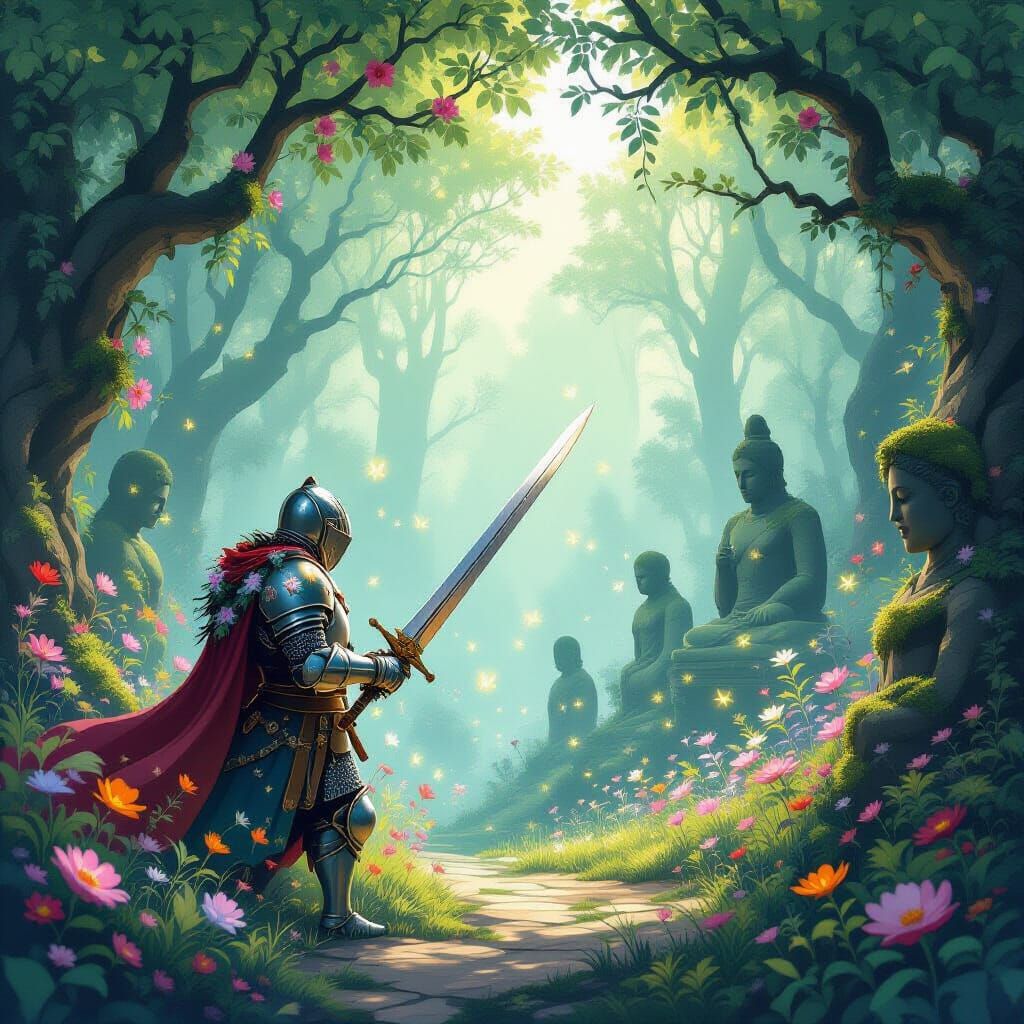 Whimsical Knight Defends Magical Grove with Fireflies