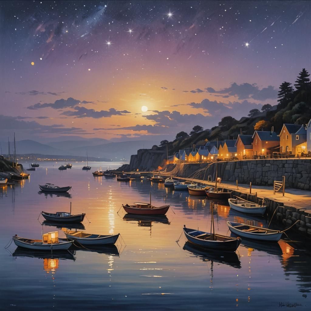 Harbor Inlet at Dawn: Hyperrealistic Oil Painting