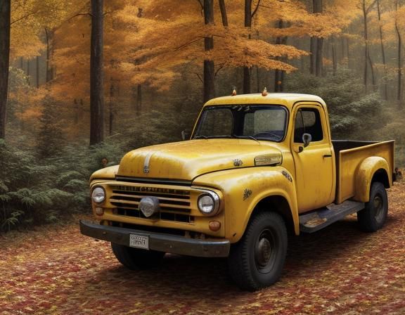 Detailed Portrait of Yellow Truck in Autumn Forest