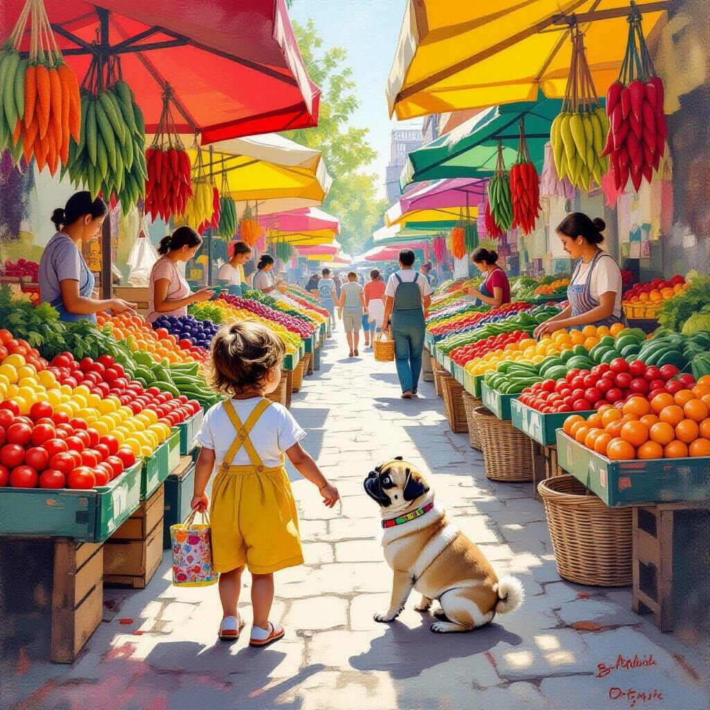 Child and Pug at Vegetable Market in Realistic Style