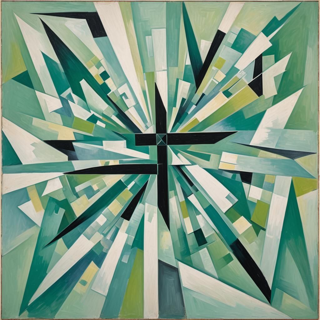 Cubist Green Sheet with Black Cross in Abstract Art