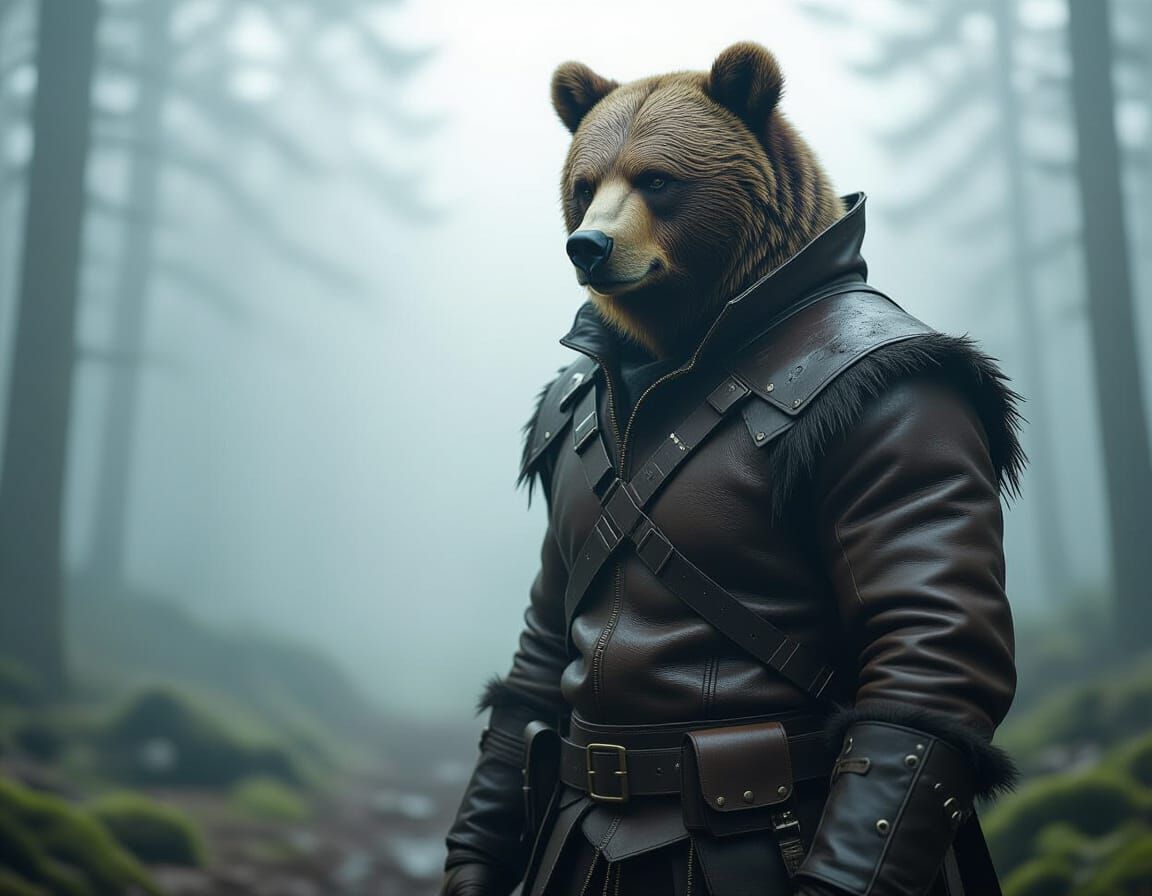 Hyperrealistic Bear-Man Hybrid in Misty Forest