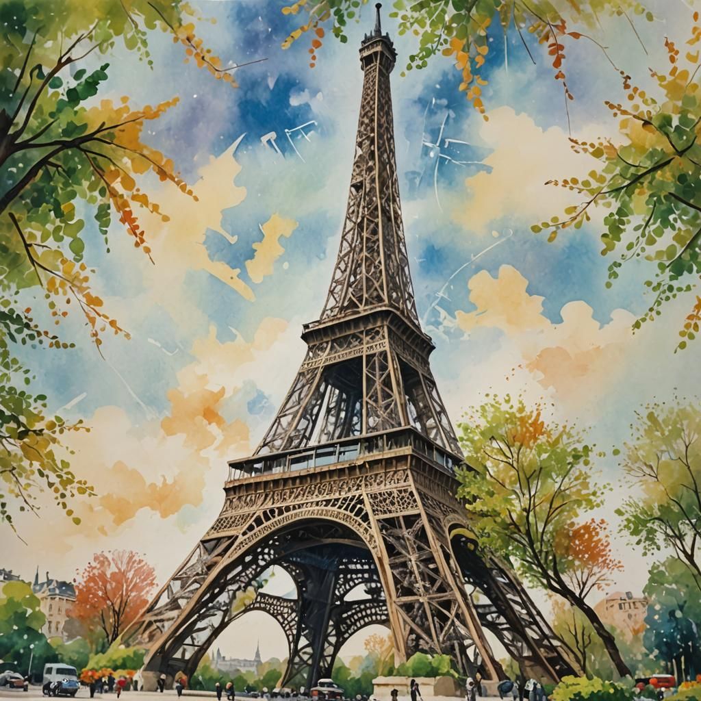 Eiffel Tower Art in Gouache and Watercolor