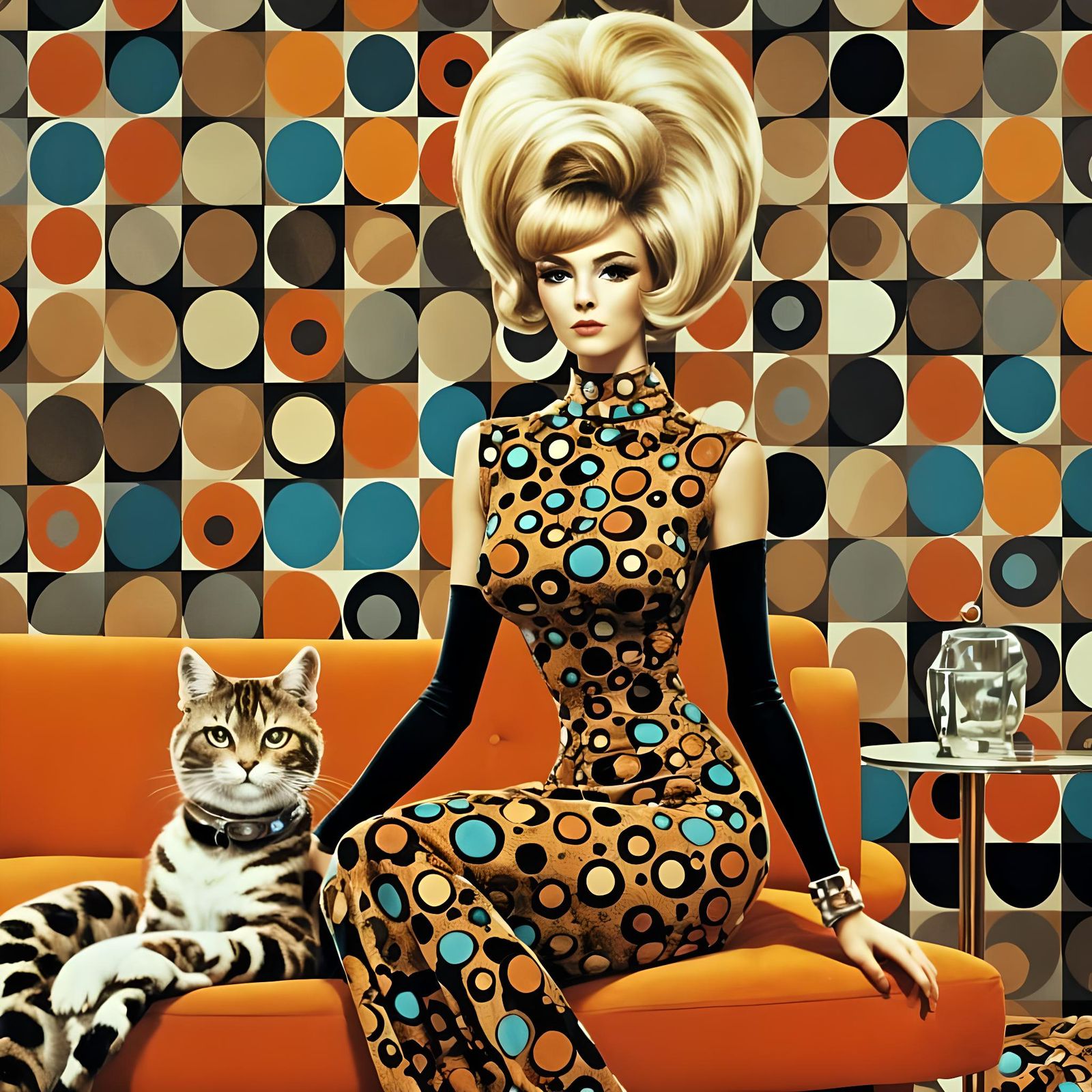 Orange Cat with 1960s Bouffant Hair in Abstract Setting