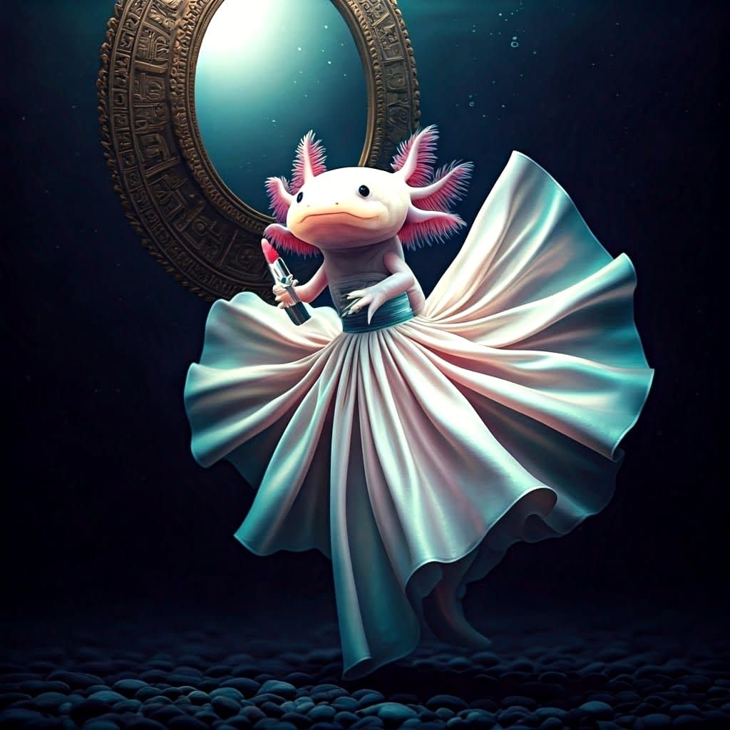 Mystical Axolotl in Dark Aztec Depths