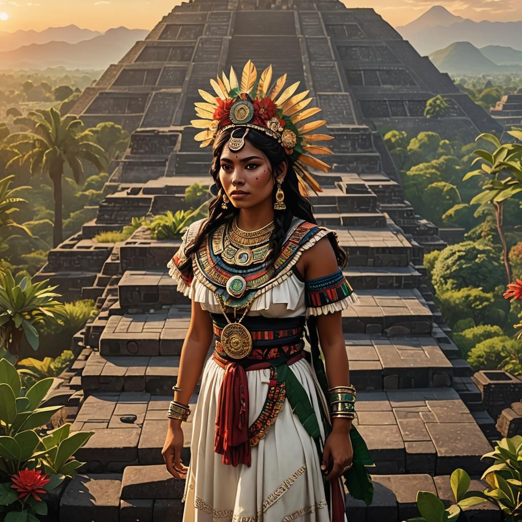 Mesoamerican Woman on Teotihuacan Pyramid, Comic Book Style