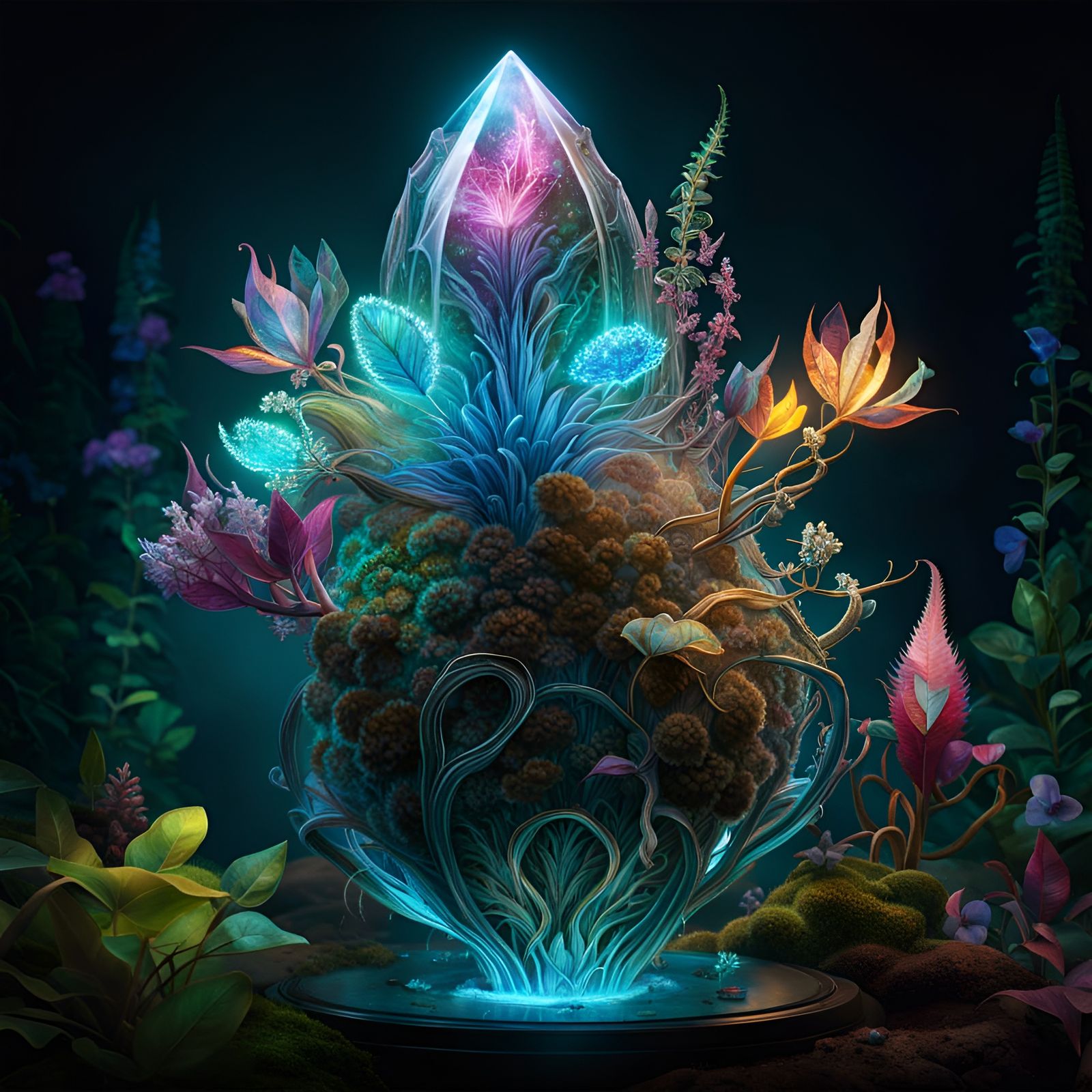 Bioluminescent Plant with Healing Crystal, Digital Art