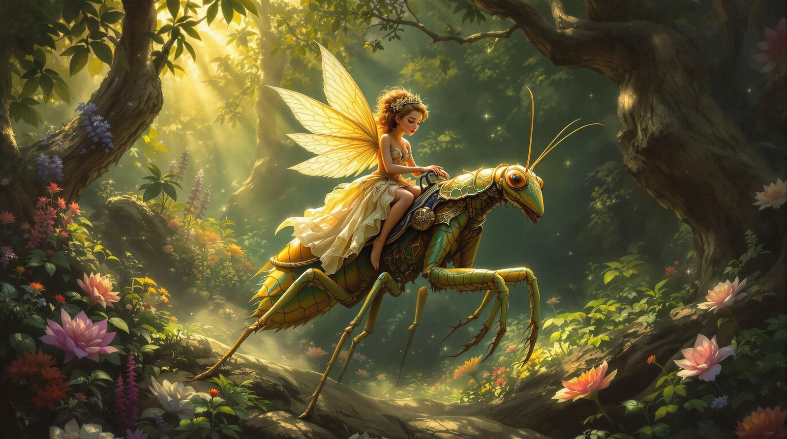Regal Fairy Princess on Majestic Mantis in Whimsical Forest