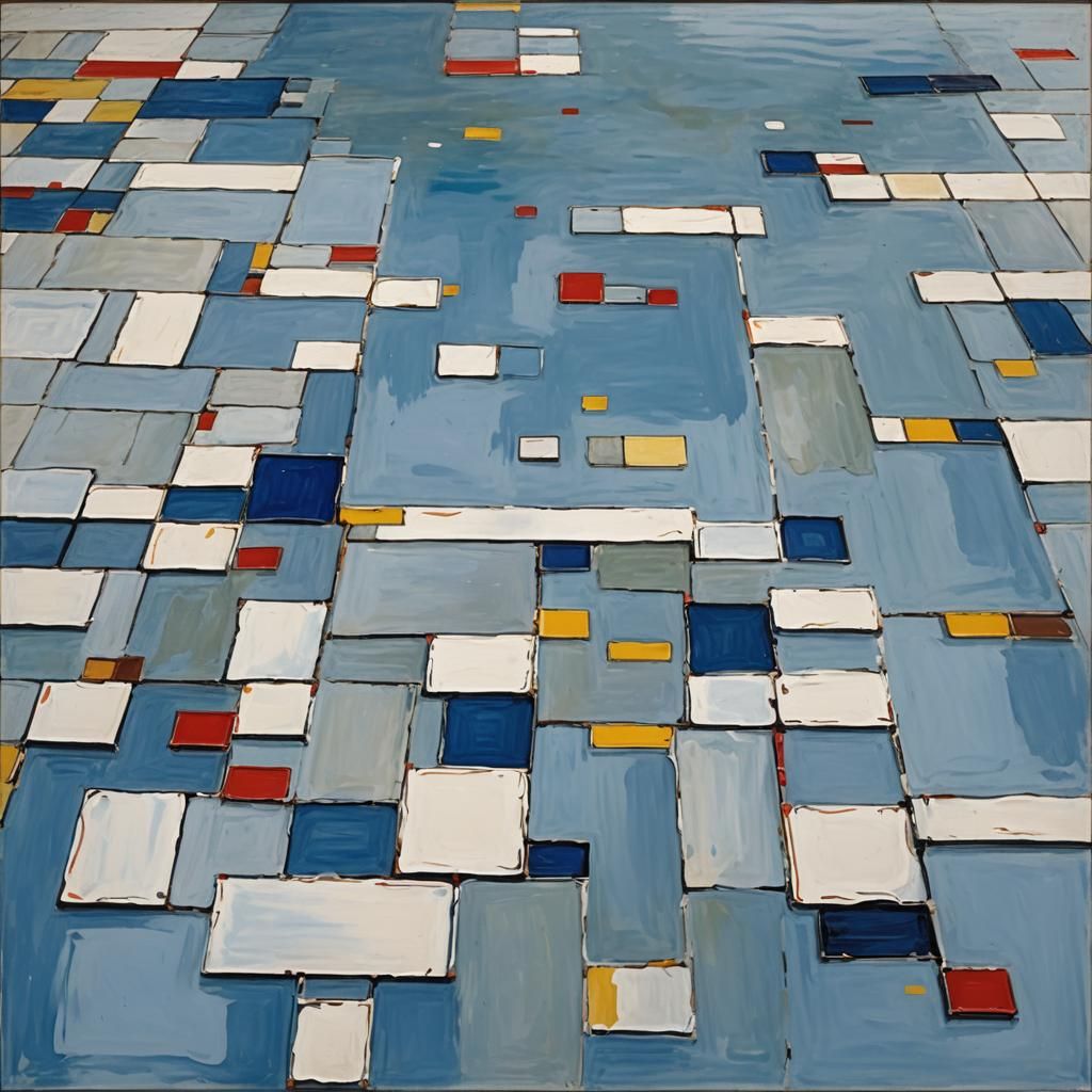 Blue Pool in Piet Mondrian Style with Gouache