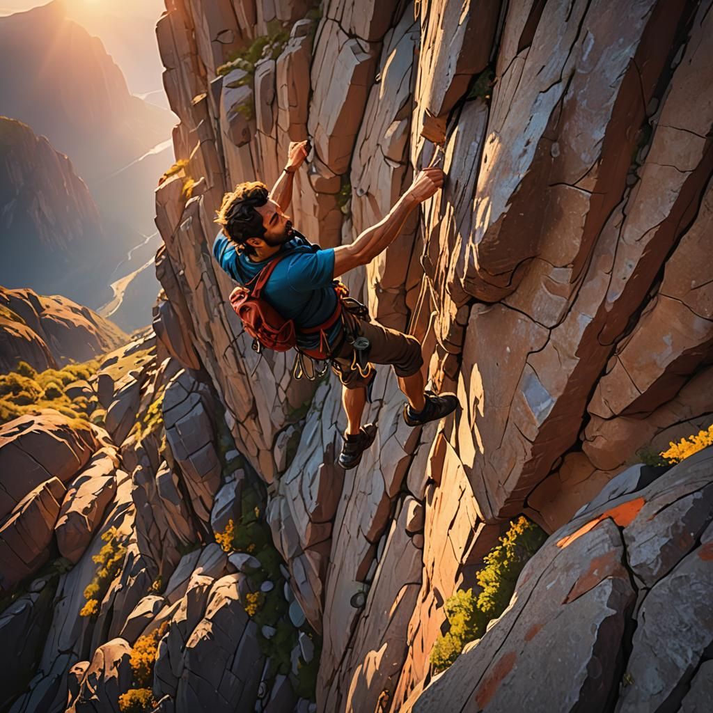 Solo Climber on Rocky Cliff in Golden Light