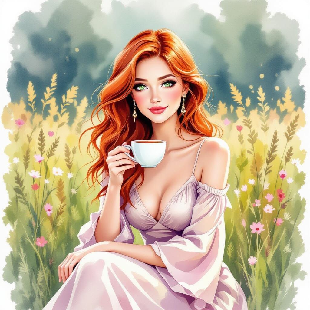 Red-Haired Woman Enjoying Tea, Watercolor Ink Splatter Style