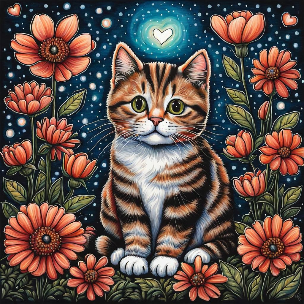 Cute Cat Surrounded by Flowers in Wood Engraving Style