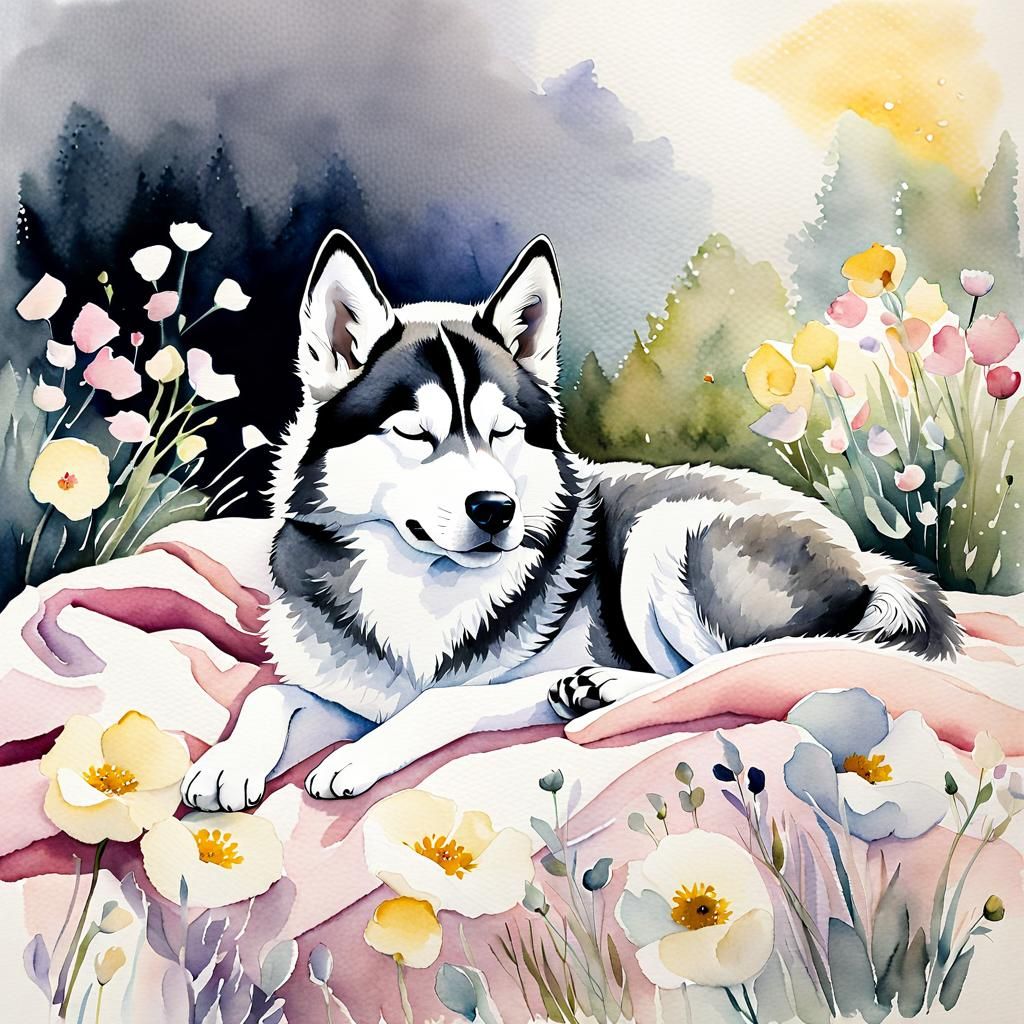 Sleeping Husky in Watercolor with Floating Flowers