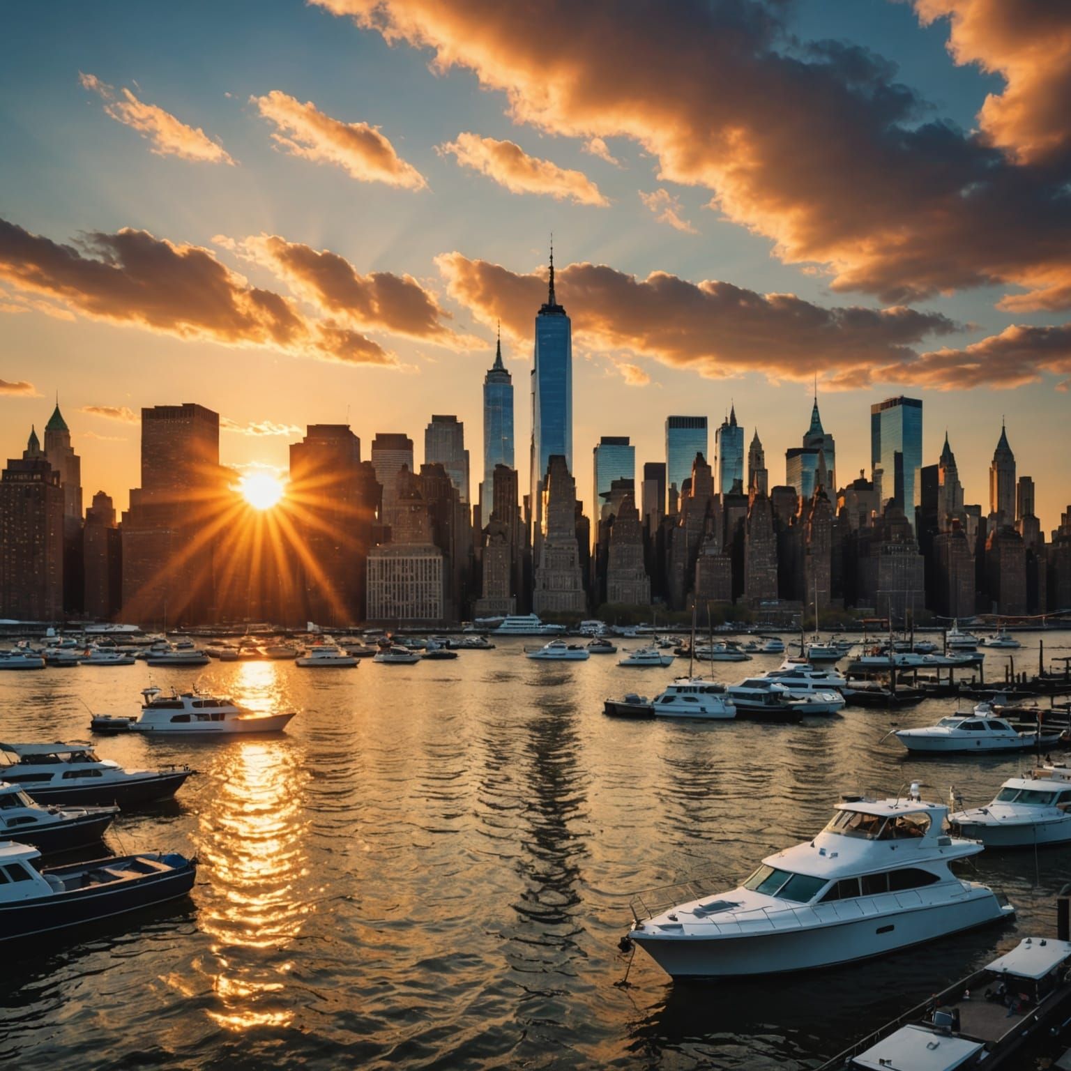Manhattan Sunrise with Boats in Foreground