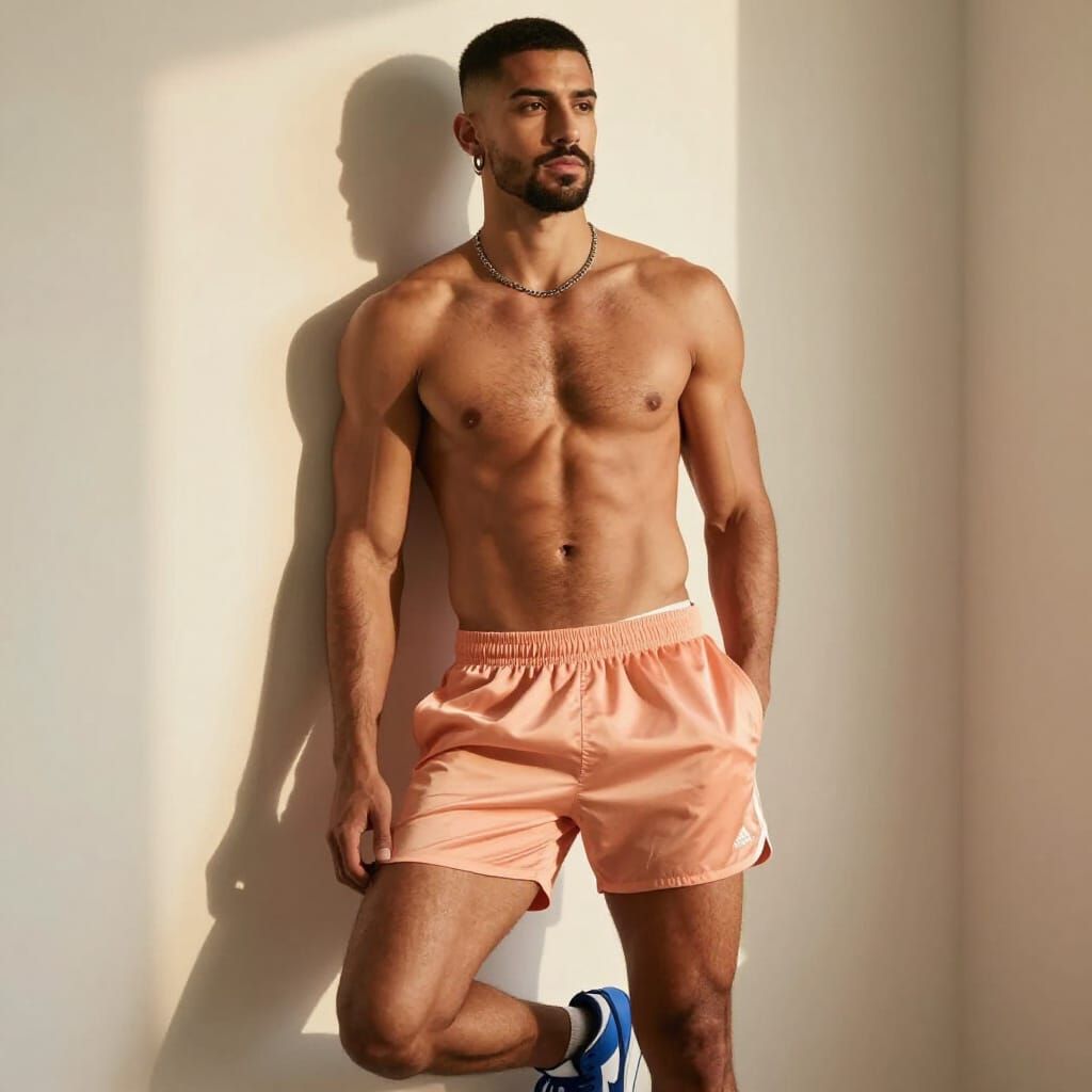 Athletic Man Poses Confidently in Retro Adidas Shorts
