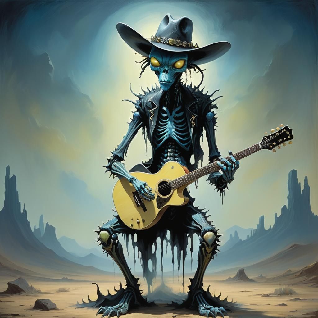 Alien Cowboy Plays Guitar in Expressionist Style