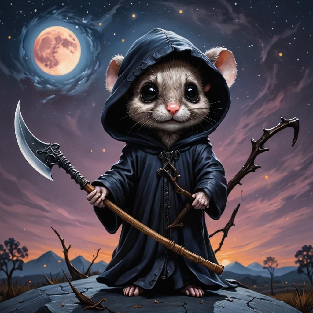 Chibi Mouse Grim Reaper in Ash Thorp-Inspired Oil Painting