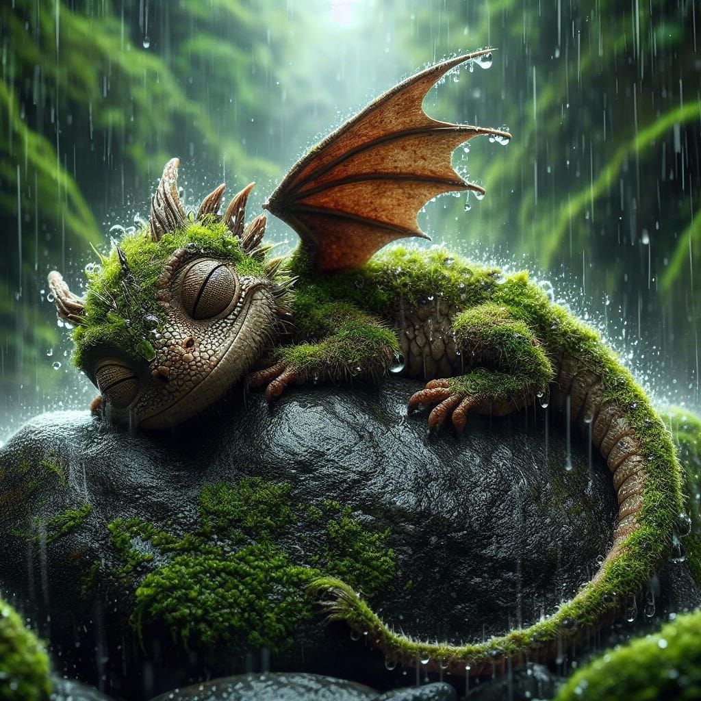 Mossy Dragon Napping in the Rain