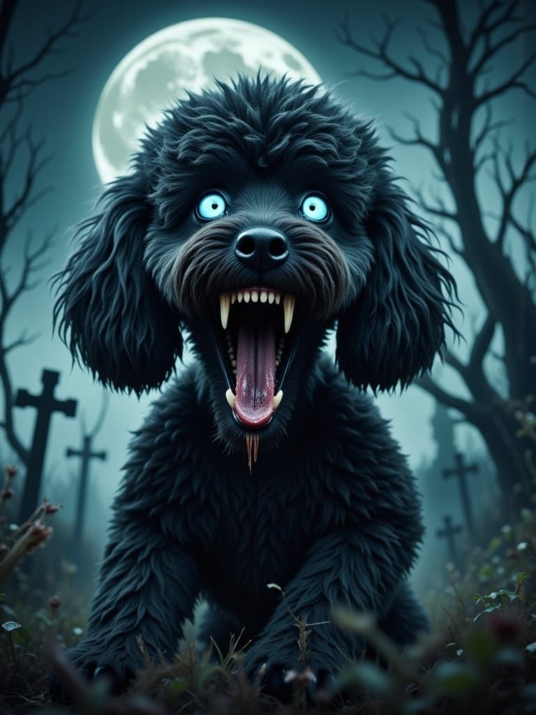 Zombie Poodle Howls in Graveyard, Hyperrealistic Style