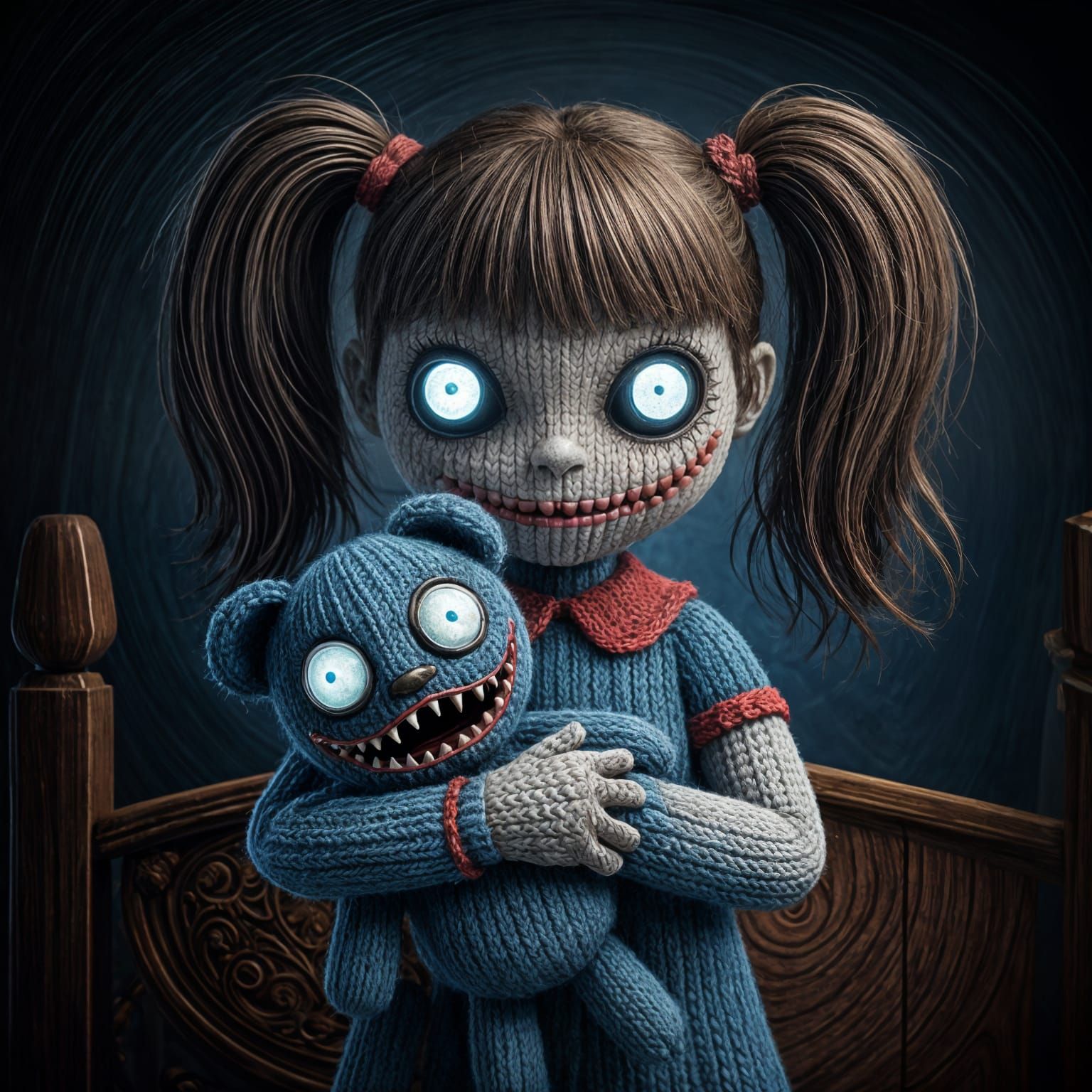 Creepy Knitted Girl and Toy in Moonlit Bedroom