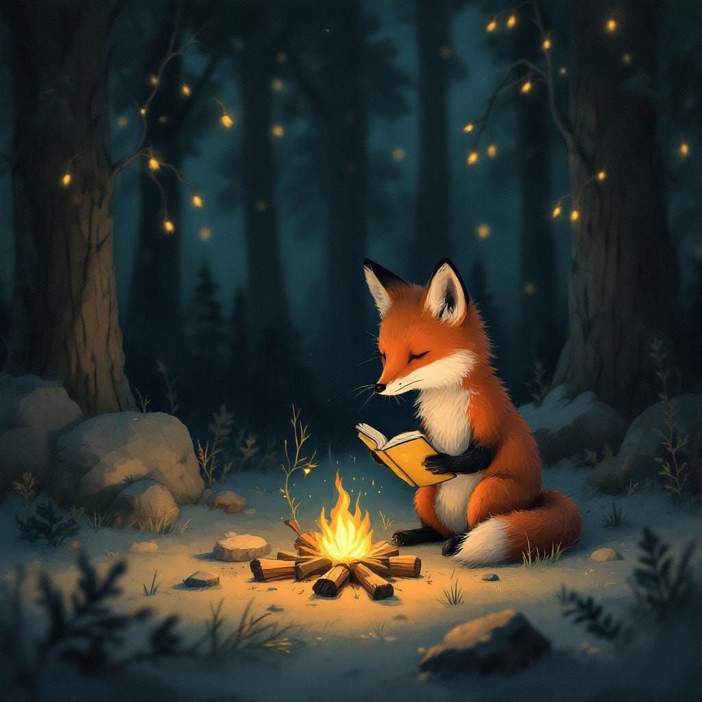 Fox Reading by Campfire in Whimsical Style