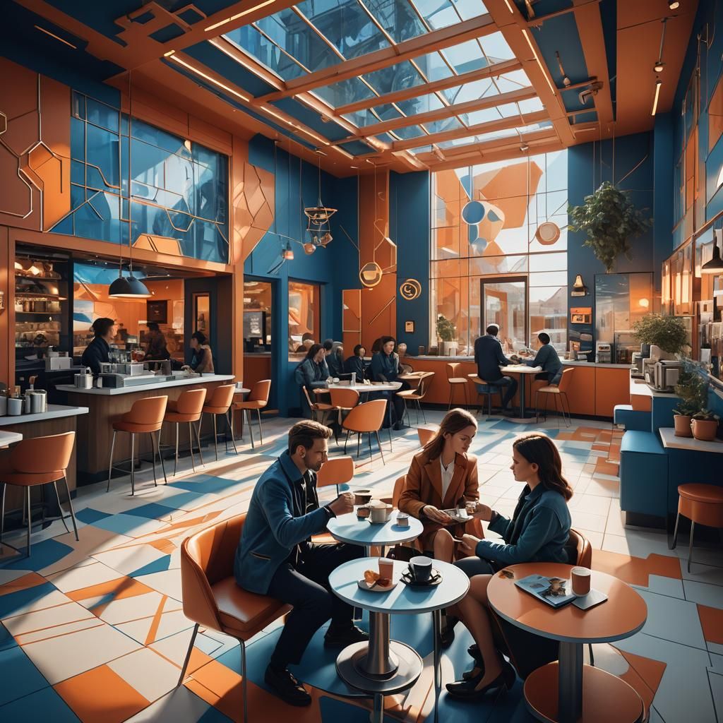 Geometric Cafe Scene with Androgynous Couple