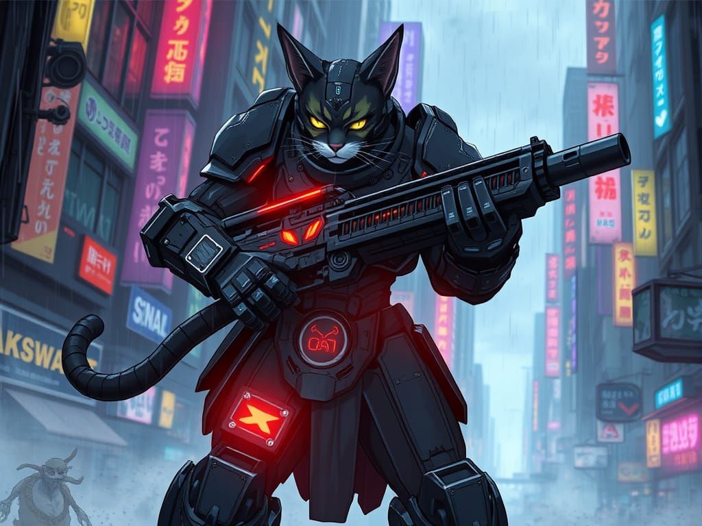 Cyberpunk Cat Warrior in Gothic Armor with Heavy Bolter