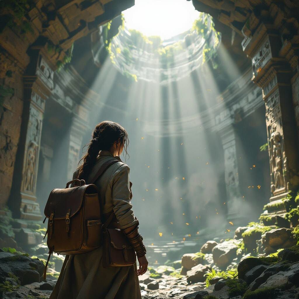 Explorer Discovers Ancient Ruin in Dramatic Sunlight