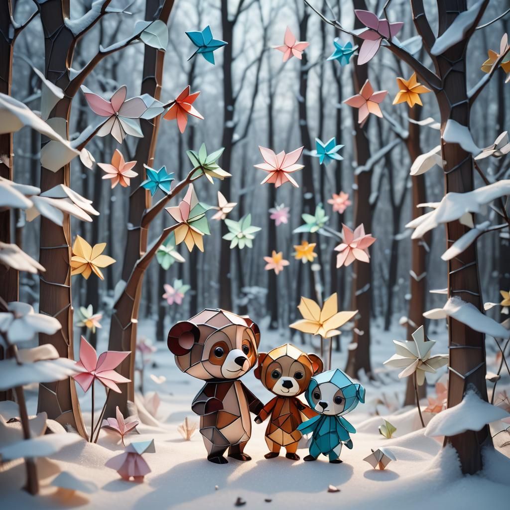 Cheburashka in Snowy Forest: Stained Glass Art