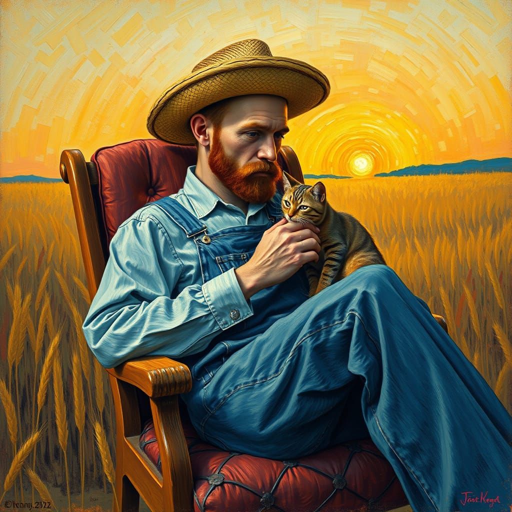 Van Gogh Style Painting of Man with Cat