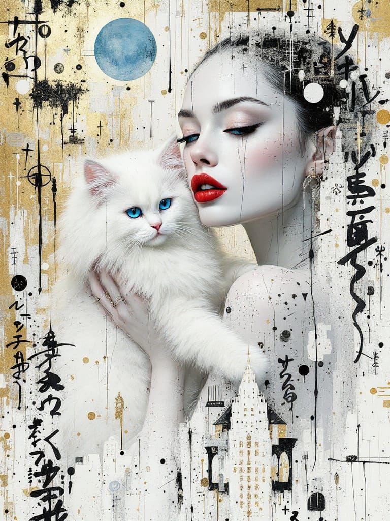 Ethereal Woman in Gold and White, with Wise Cat by Her Side