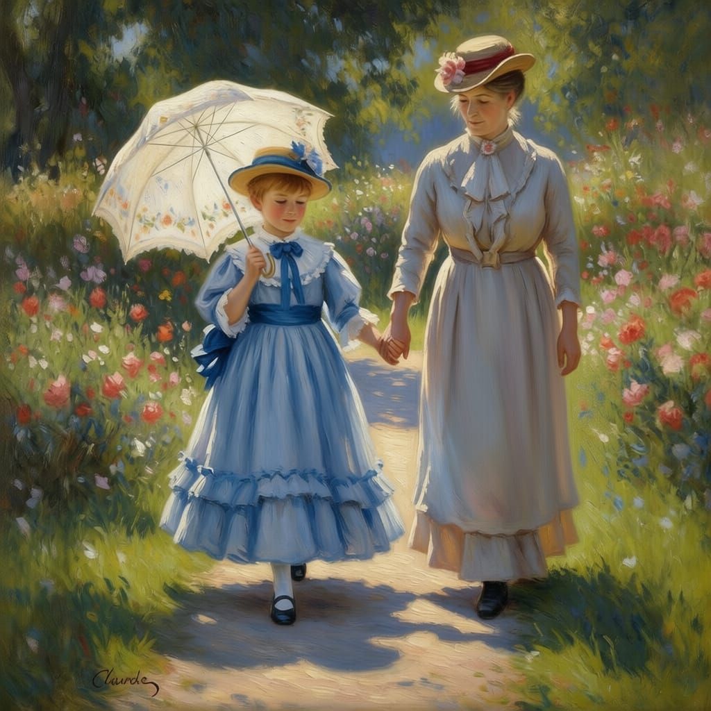 Boy in Dress with Parasol Walks with Woman