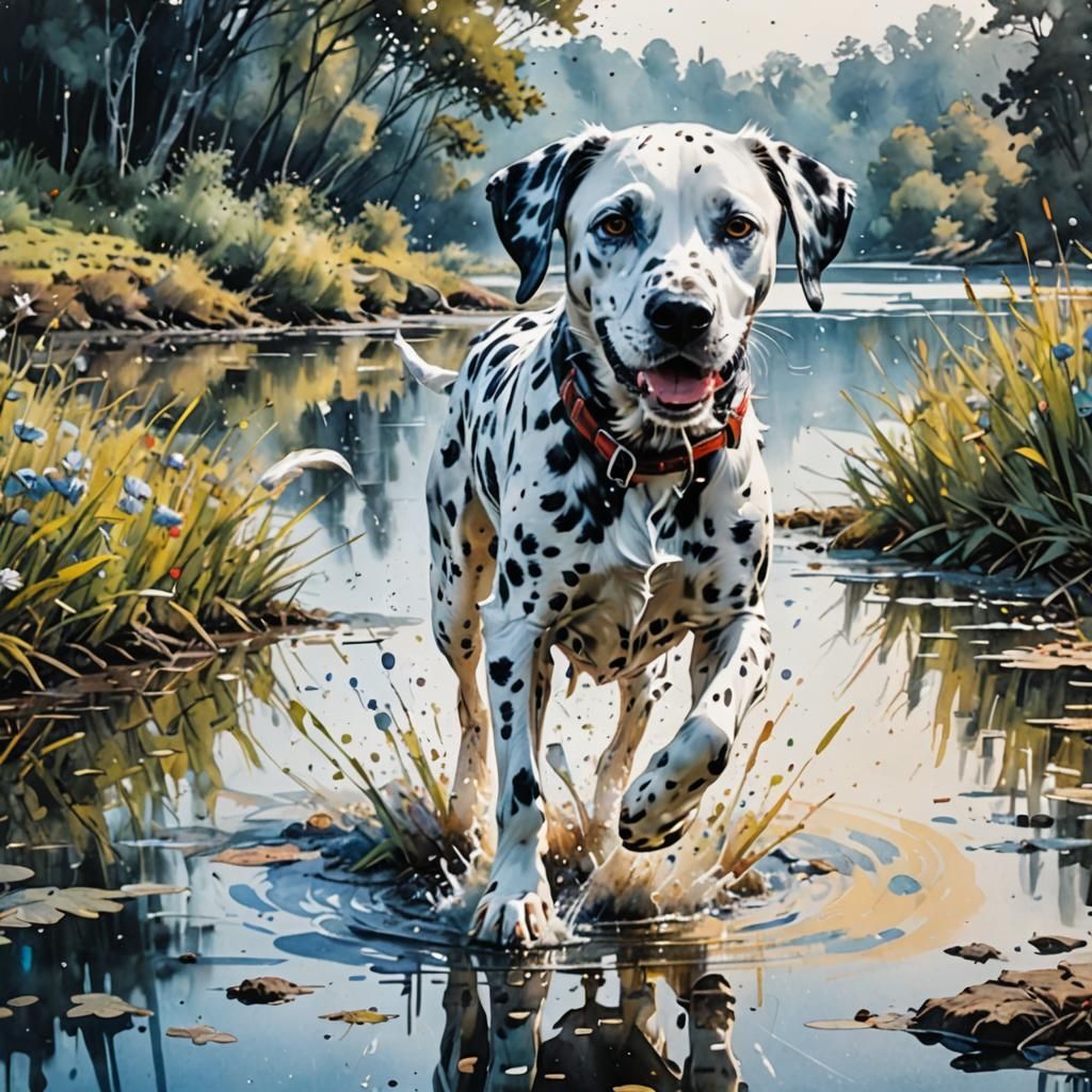 Whimsical Dalmatian Splashing in Watercolor Lake
