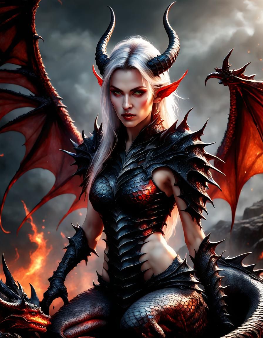 Dragon-like Female Warrior in Dark Fantasy Art