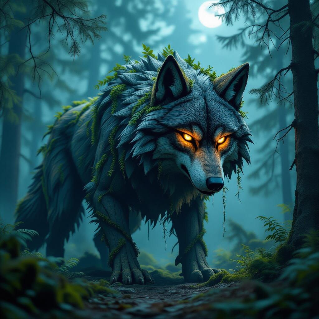 Magical Wooden Wolf Sculpture in Moonlit Forest
