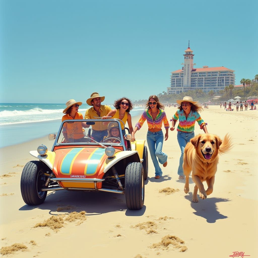 Carefree Friends in Vibrant 1970s Beach Scene